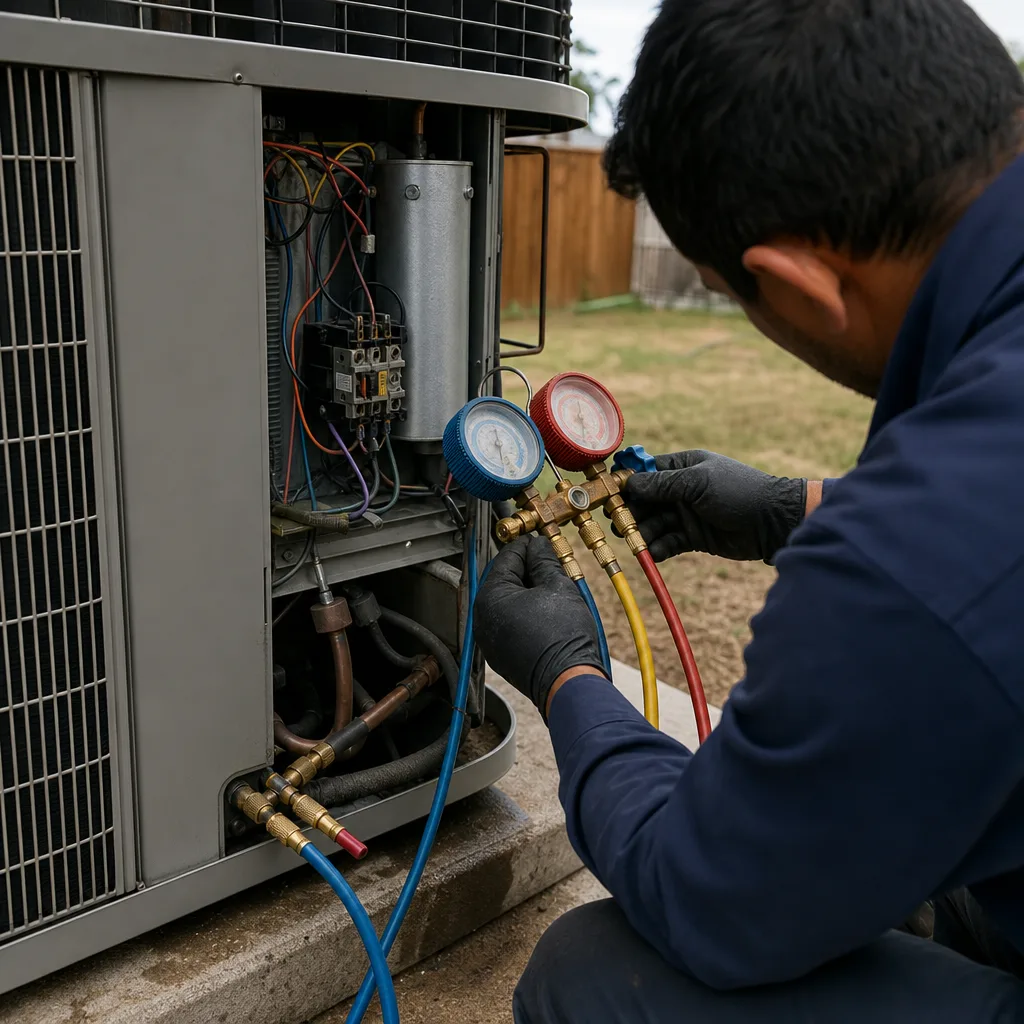 HVAC technician performing professional air conditioning installation and maintenance services