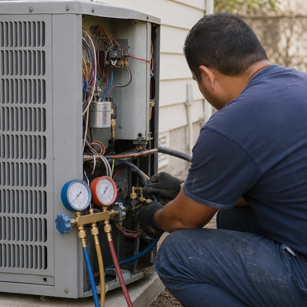 HVAC technician performing professional air conditioning installation and maintenance services