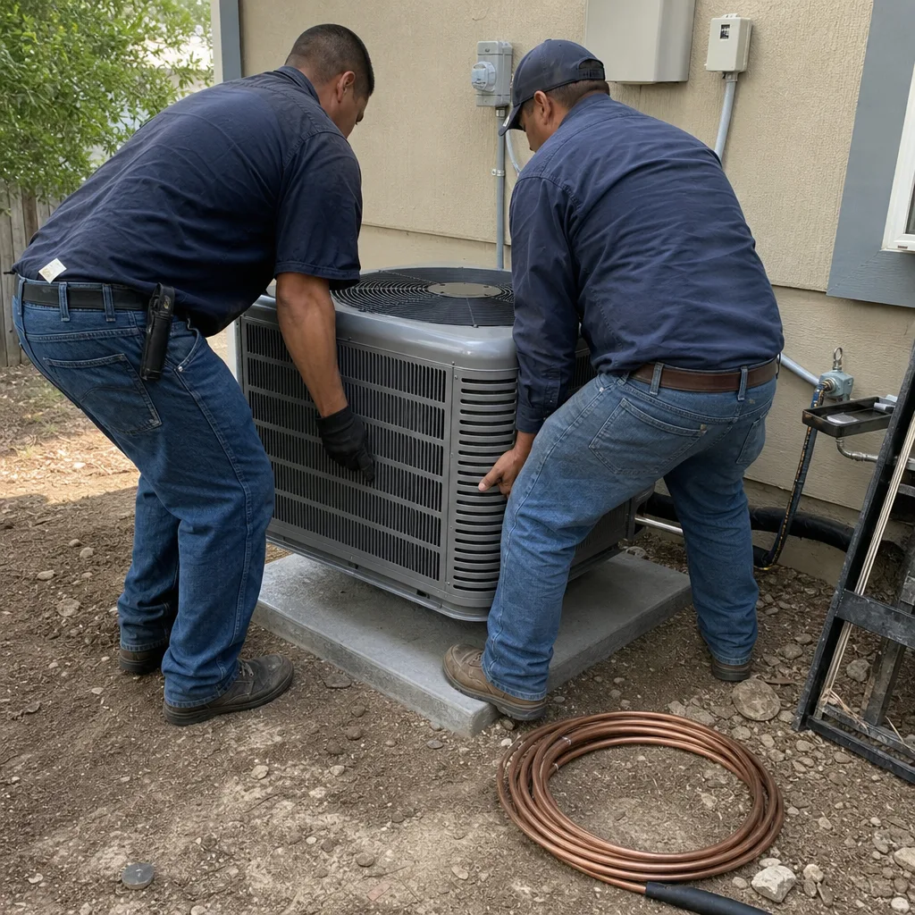 Two professional HVAC technicians installing a new air conditioning condenser unit.