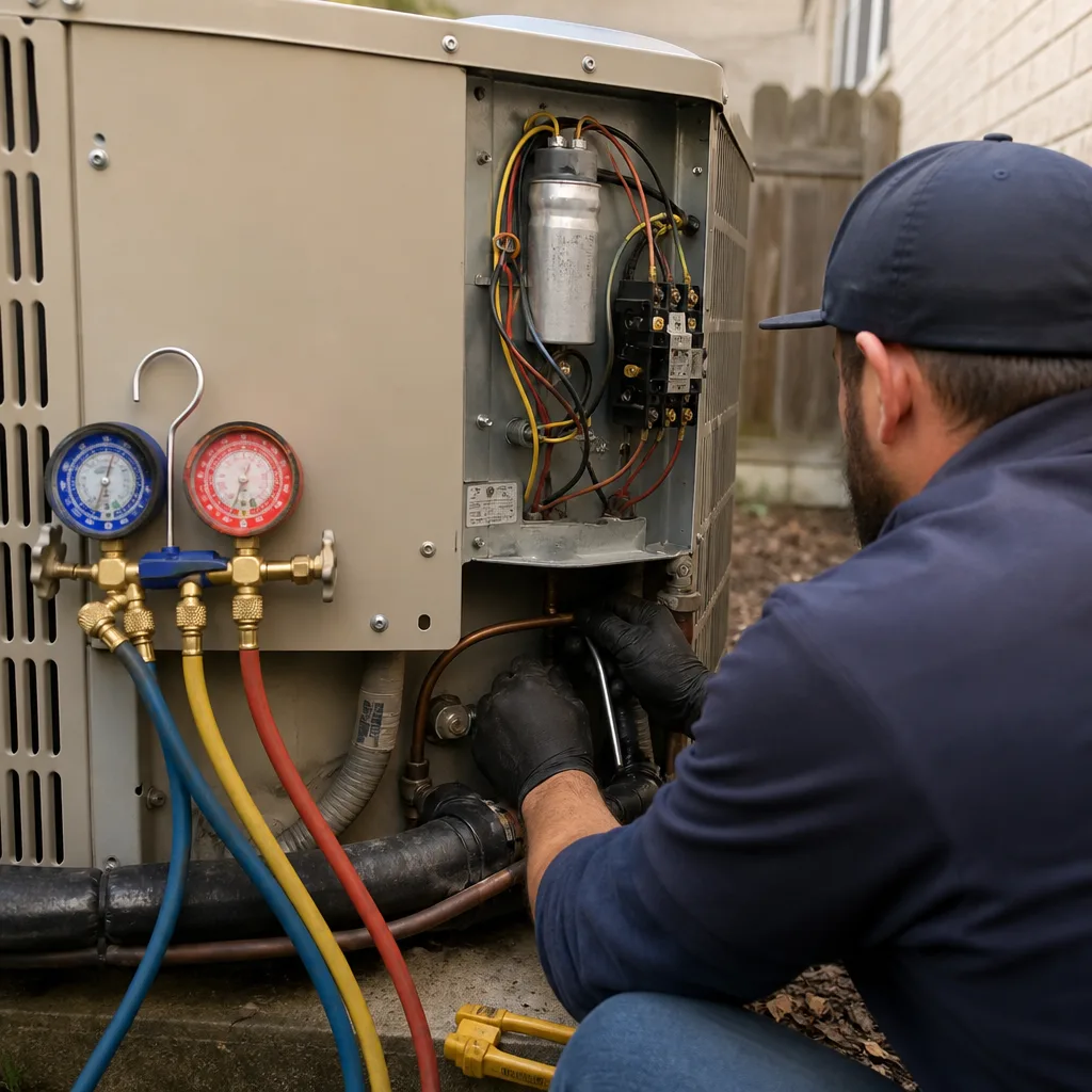 HVAC technician performing professional air conditioning repair and maintenance service
