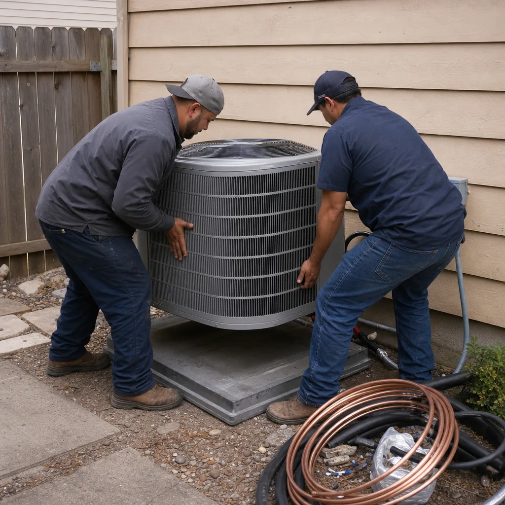 Two HVAC technicians installing an outdoor air conditioning unit.