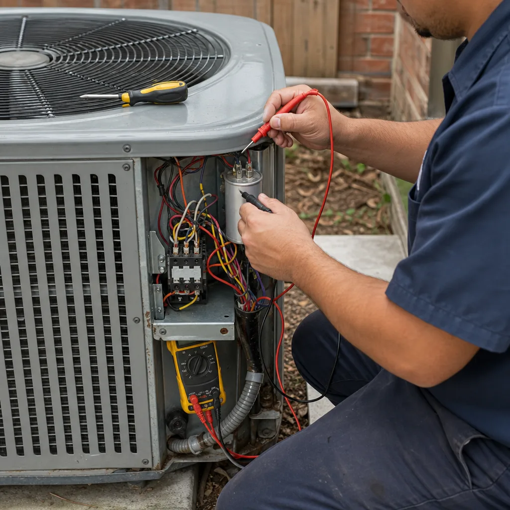 HVAC technician testing an air conditioner capacitor with a multimeter