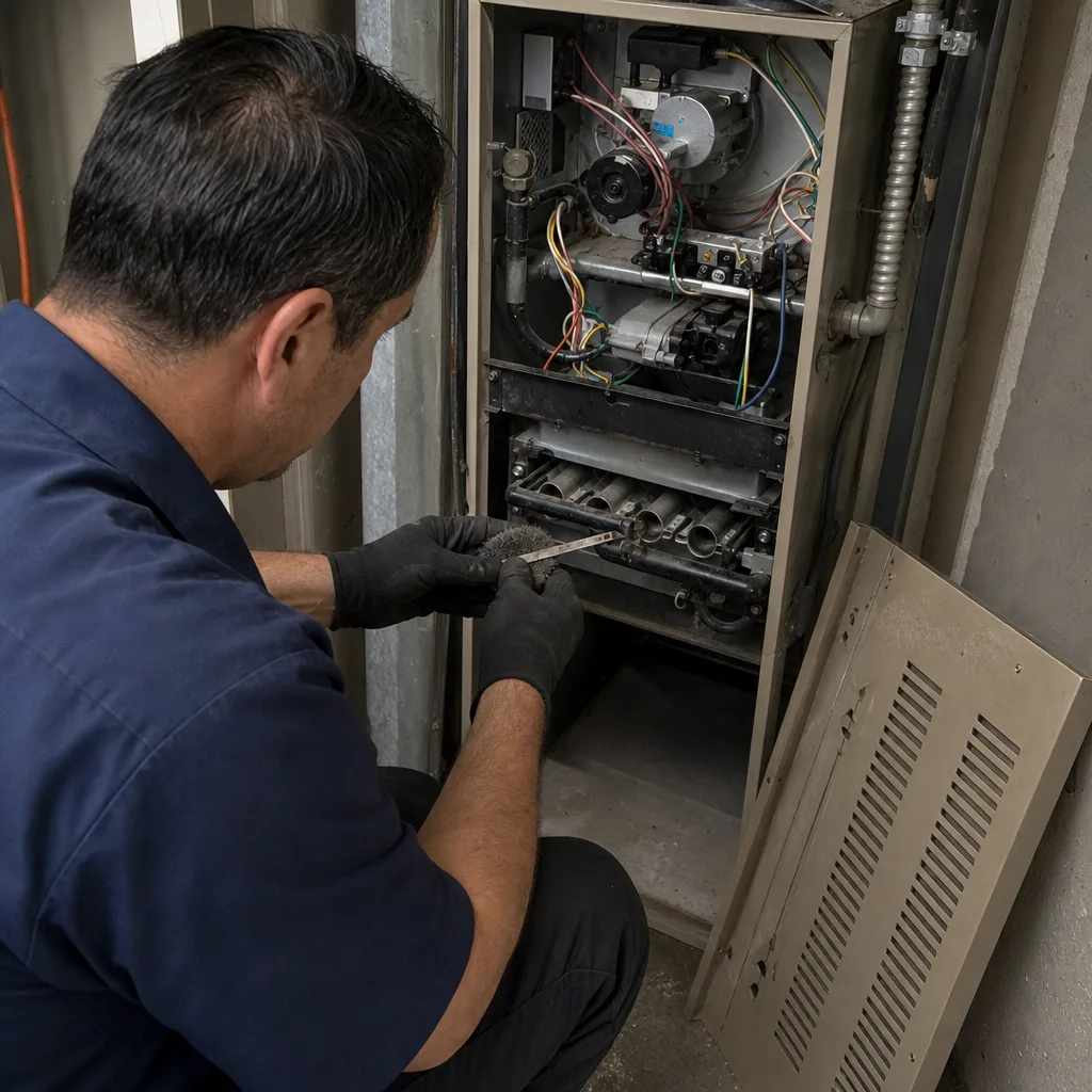 HVAC technician performing maintenance and repair on a residential furnace system