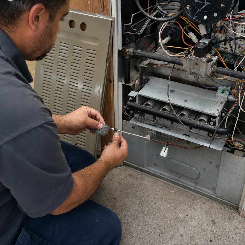 HVAC technician cleaning furnace flame sensor during a professional heating repair