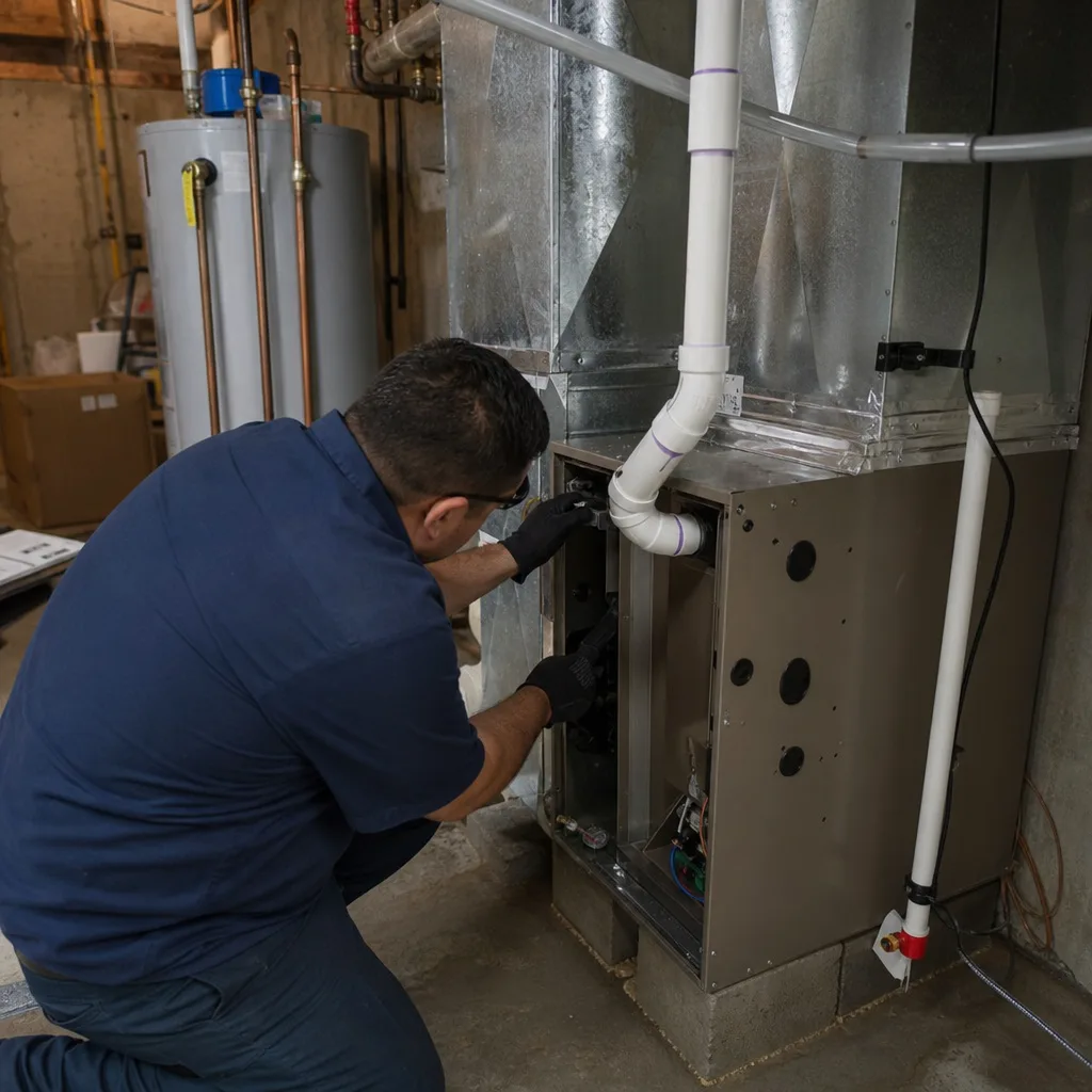 Technician performing professional furnace repair and HVAC maintenance on heating system